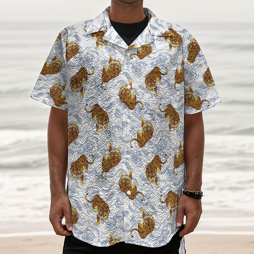 Japanese Tiger Pattern Print Textured Short Sleeve Shirt