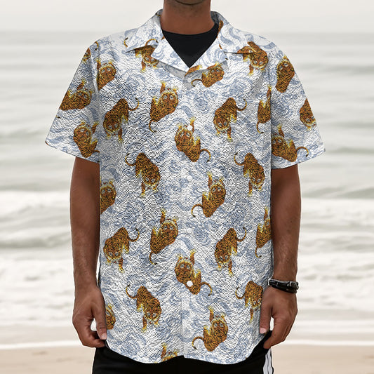 Japanese Tiger Pattern Print Textured Short Sleeve Shirt
