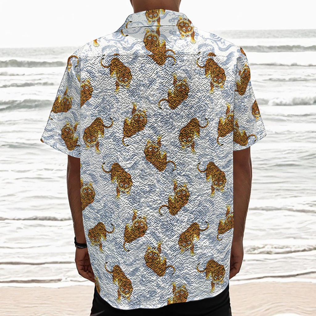 Japanese Tiger Pattern Print Textured Short Sleeve Shirt