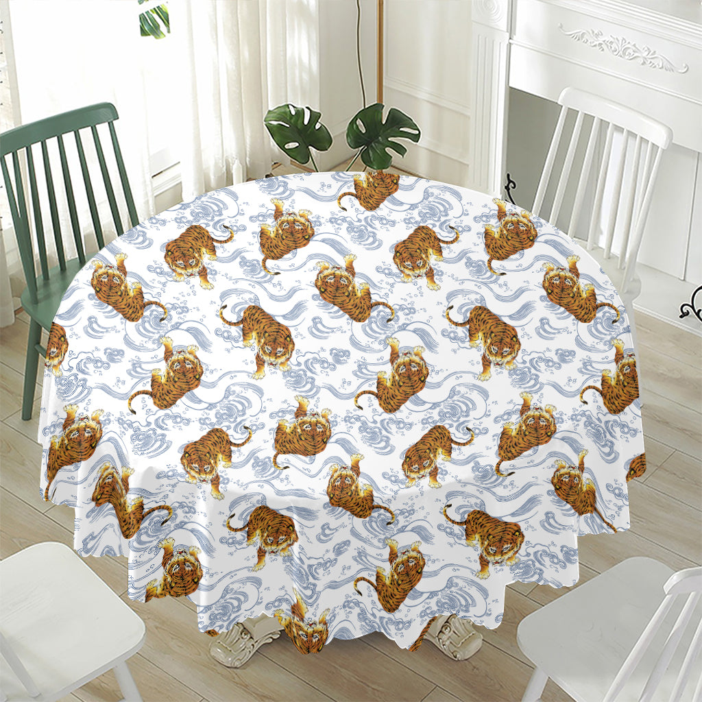 Japanese Tiger Pattern Print Waterproof Round Tablecloth