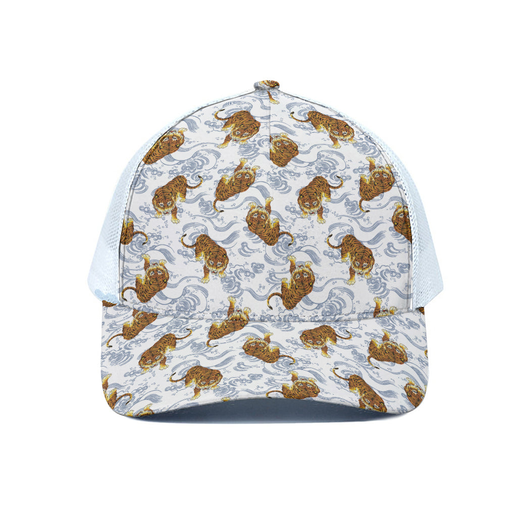 Japanese Tiger Pattern Print White Mesh Trucker Cap