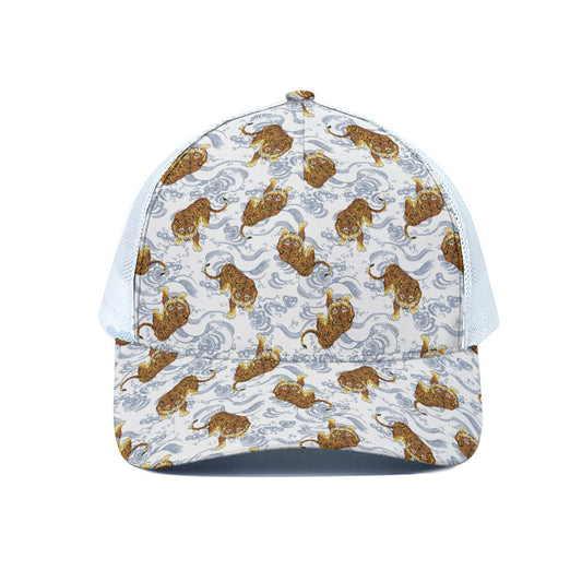 Japanese Tiger Pattern Print White Mesh Trucker Cap