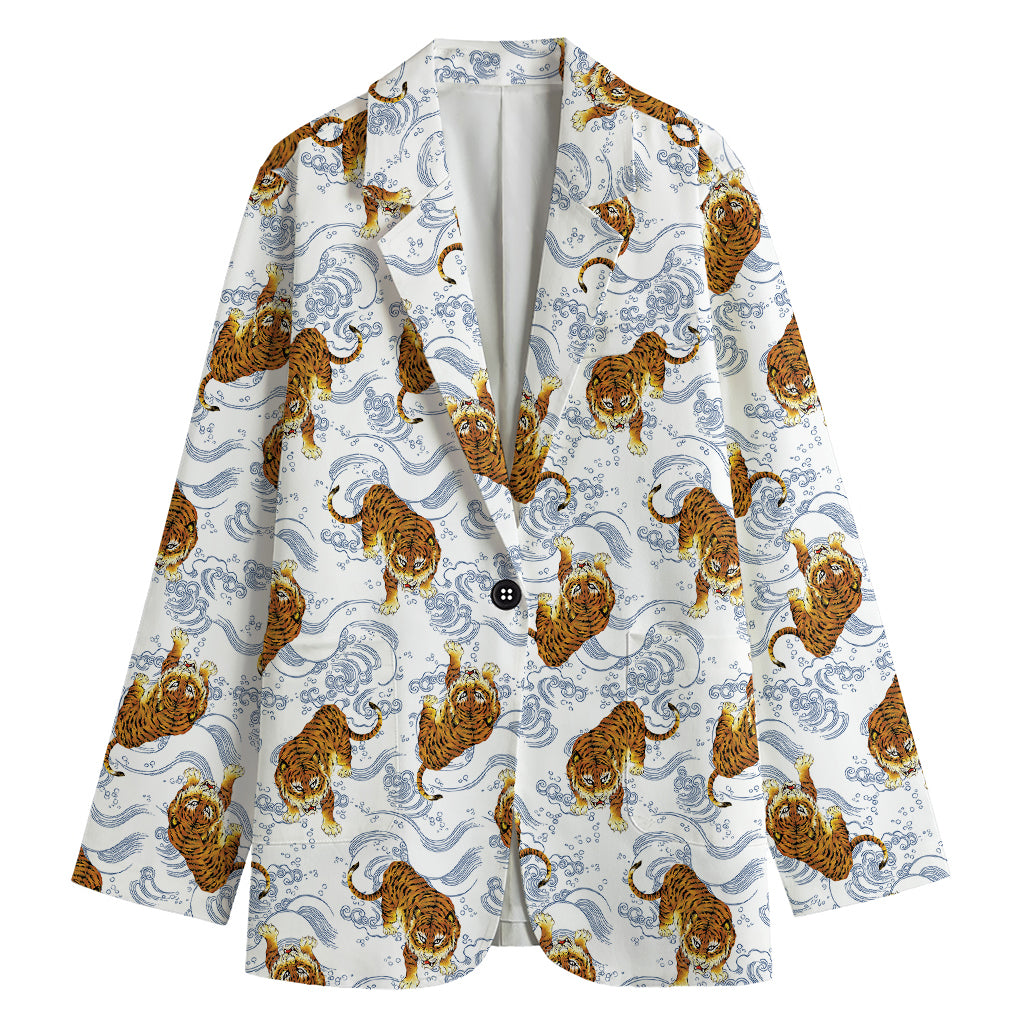 Japanese Tiger Pattern Print Women's Cotton Blazer