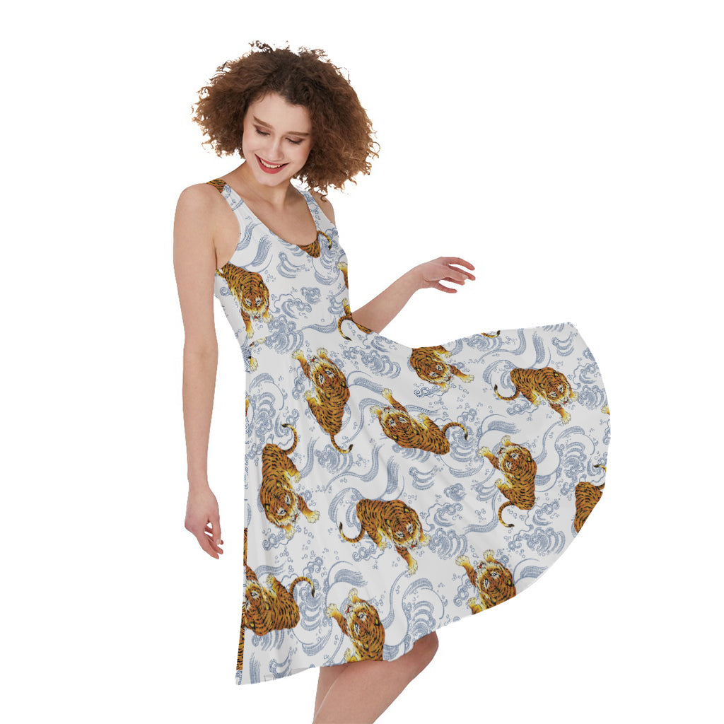Japanese Tiger Pattern Print Women's Sleeveless Dress