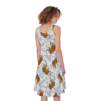 Japanese Tiger Pattern Print Women's Sleeveless Dress
