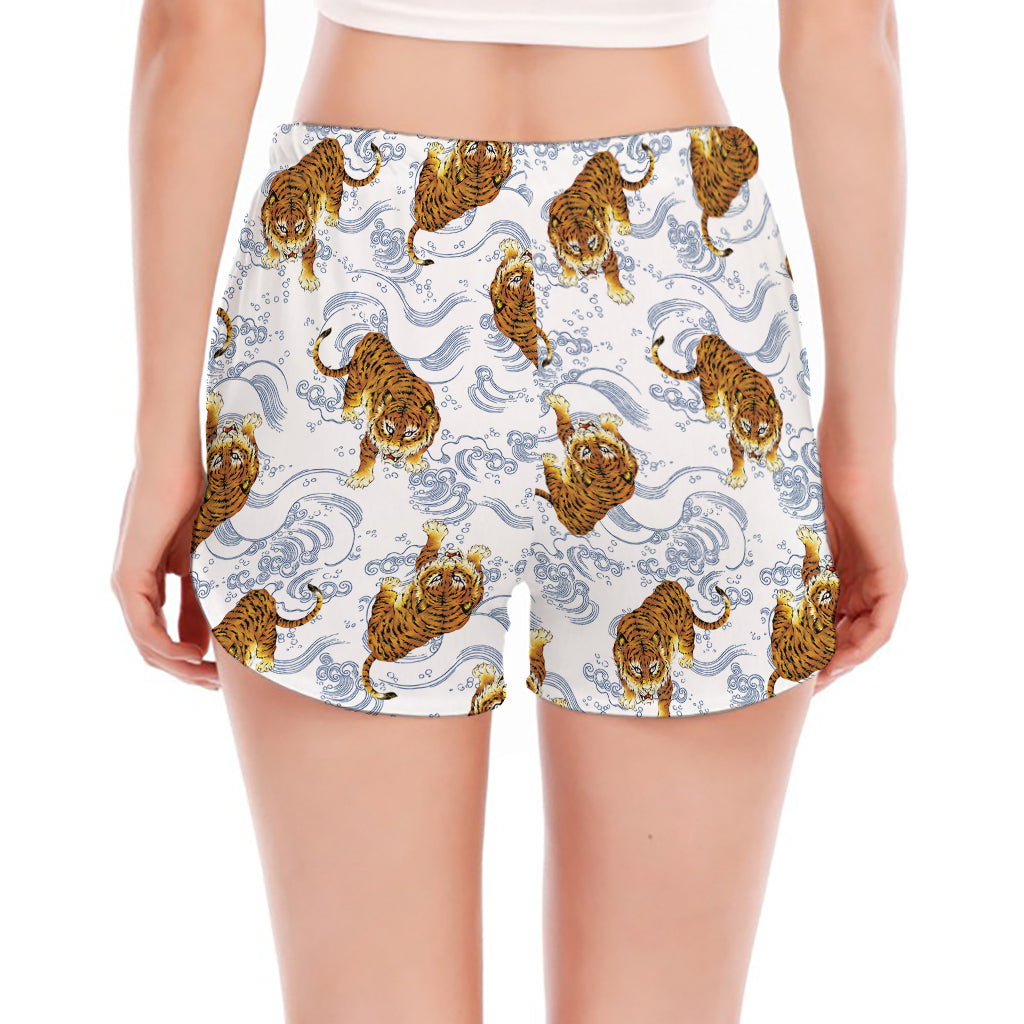 Japanese Tiger Pattern Print Women's Split Running Shorts