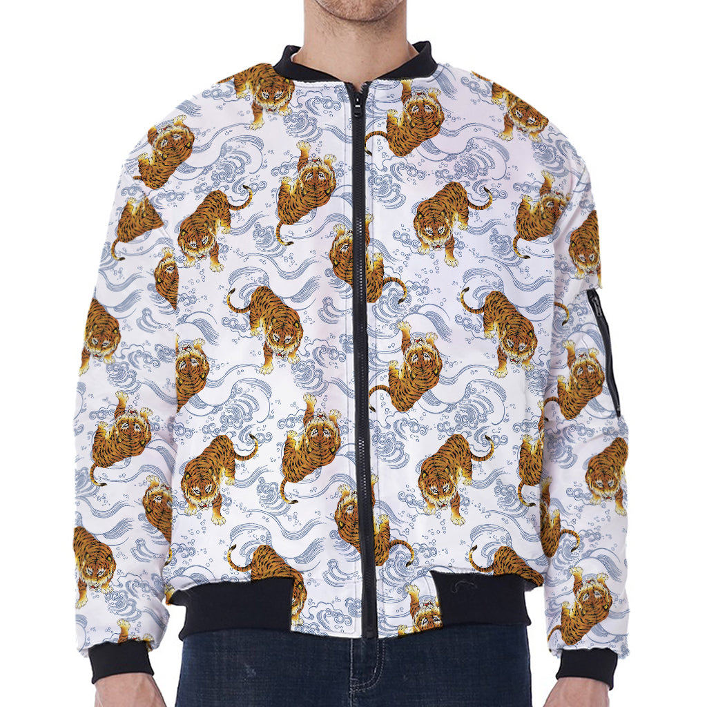 Japanese Tiger Pattern Print Zip Sleeve Bomber Jacket