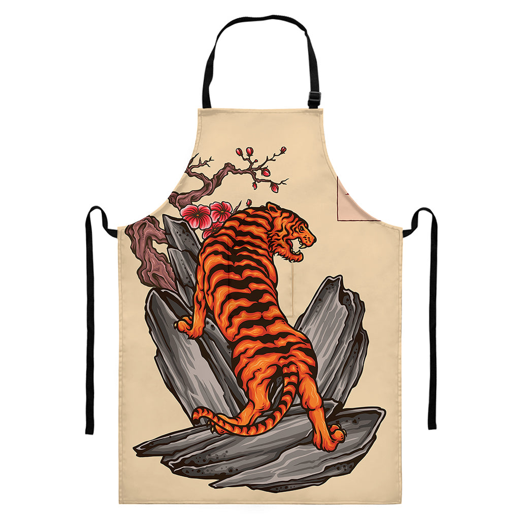 Japanese Tiger Tattoo Print Bib Apron With Pocket