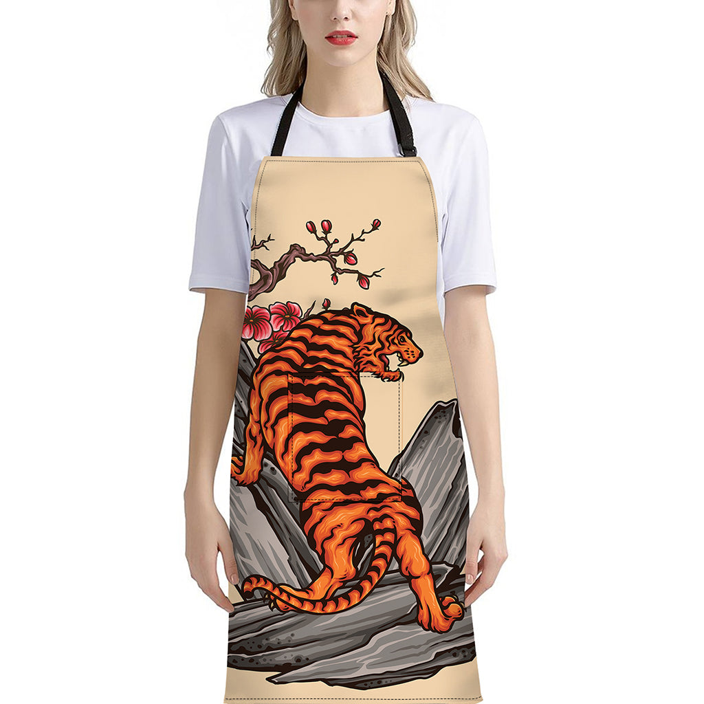 Japanese Tiger Tattoo Print Bib Apron With Pocket