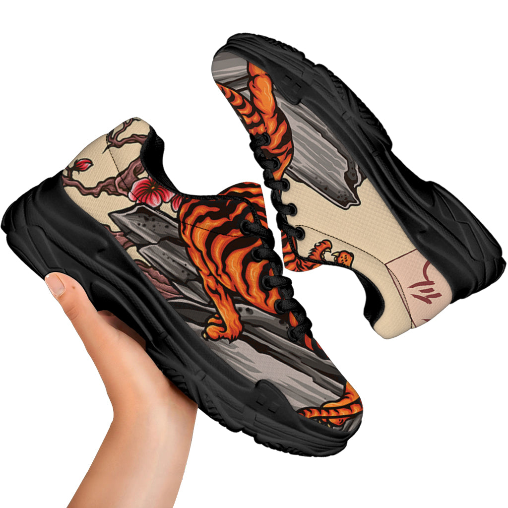 Japanese Tiger Tattoo Print Black Chunky Shoes