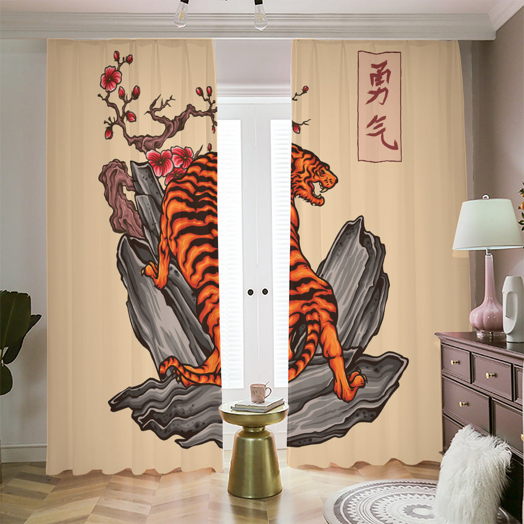 Japanese Tiger Tattoo Print Blackout Pencil Pleat Curtains