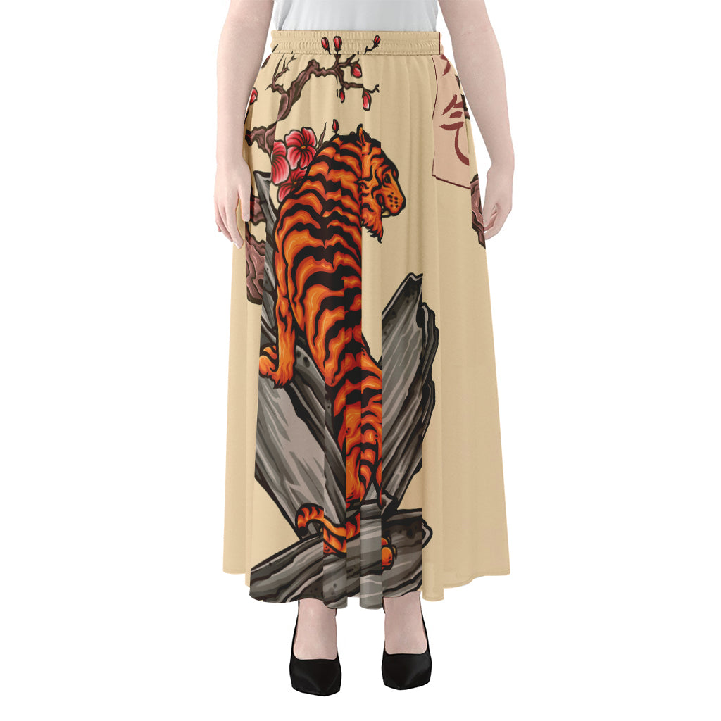 Japanese Tiger Tattoo Print Chiffon Maxi Skirt