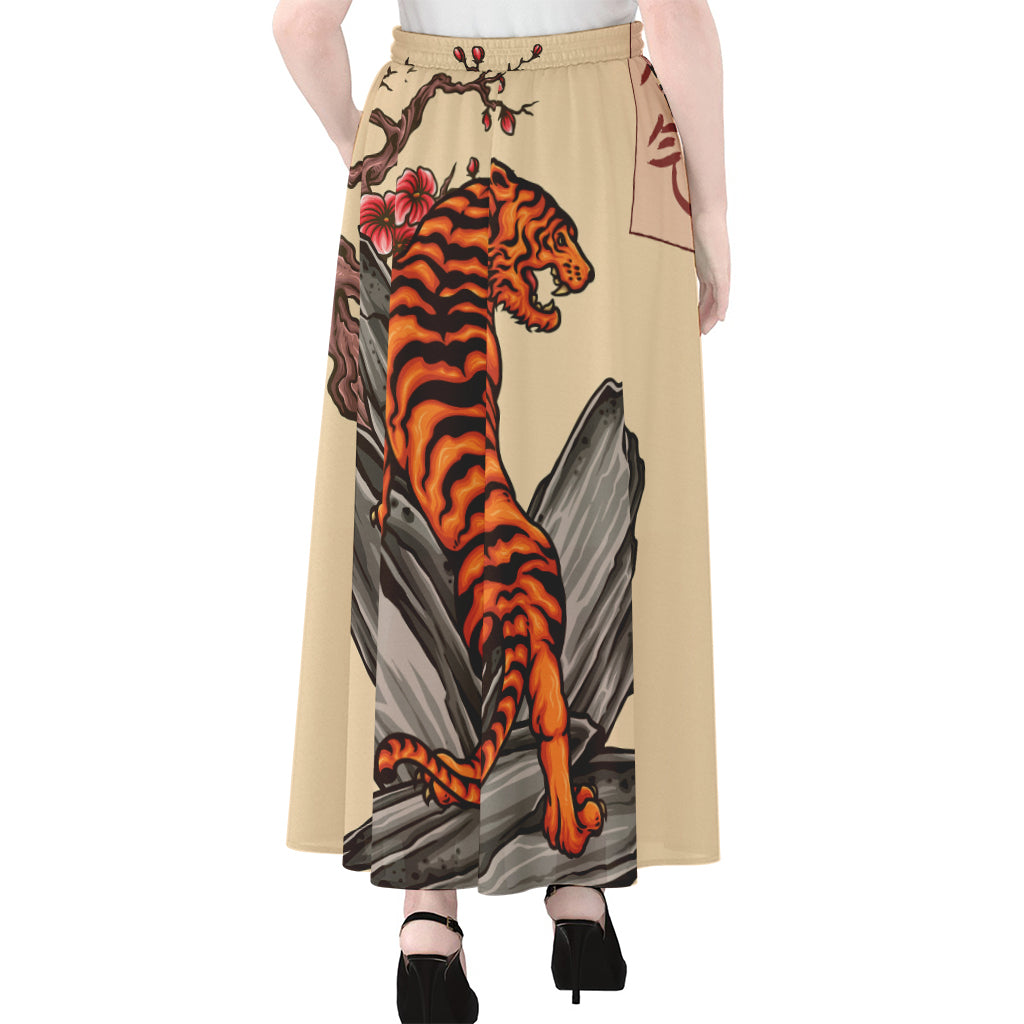 Japanese Tiger Tattoo Print Chiffon Maxi Skirt