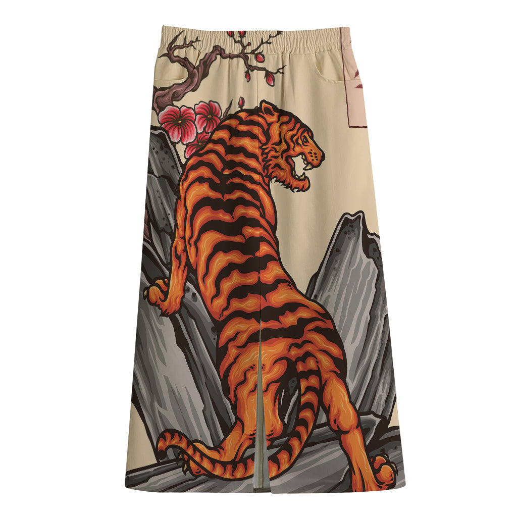 Japanese Tiger Tattoo Print Cotton Front Slit Maxi Skirt