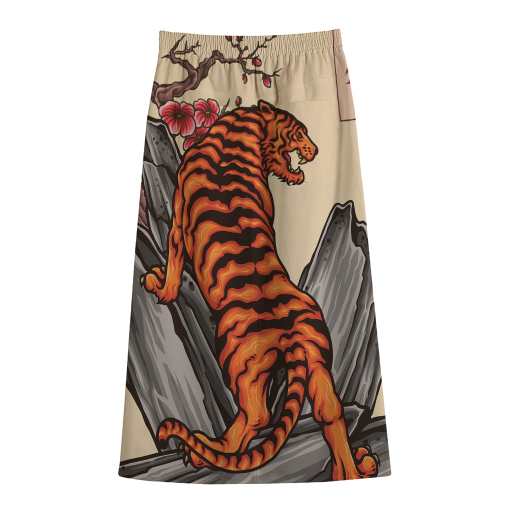 Japanese Tiger Tattoo Print Cotton Front Slit Maxi Skirt