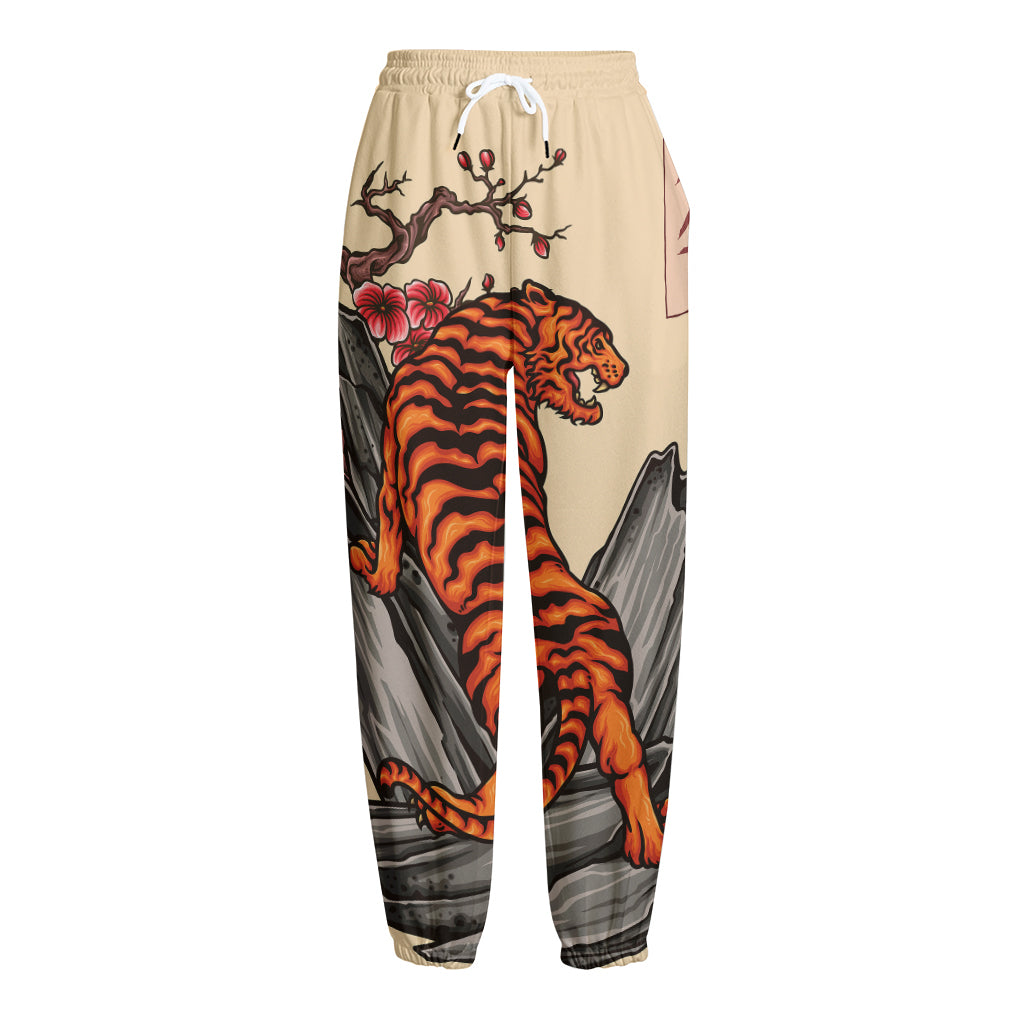 Japanese Tiger Tattoo Print Fleece Lined Knit Pants