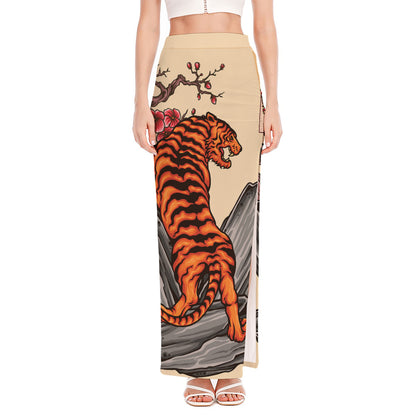 Japanese Tiger Tattoo Print High Slit Maxi Skirt