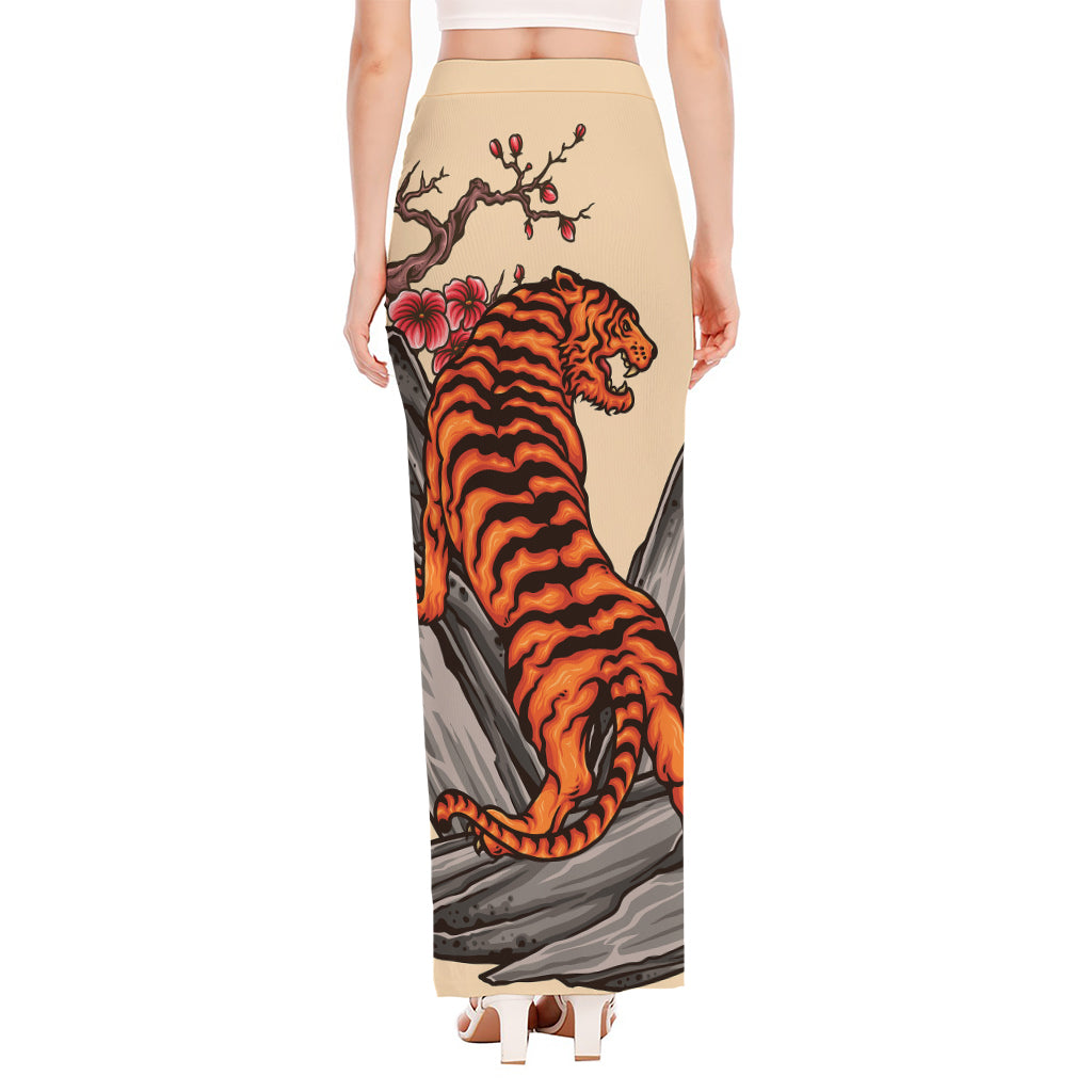 Japanese Tiger Tattoo Print High Slit Maxi Skirt