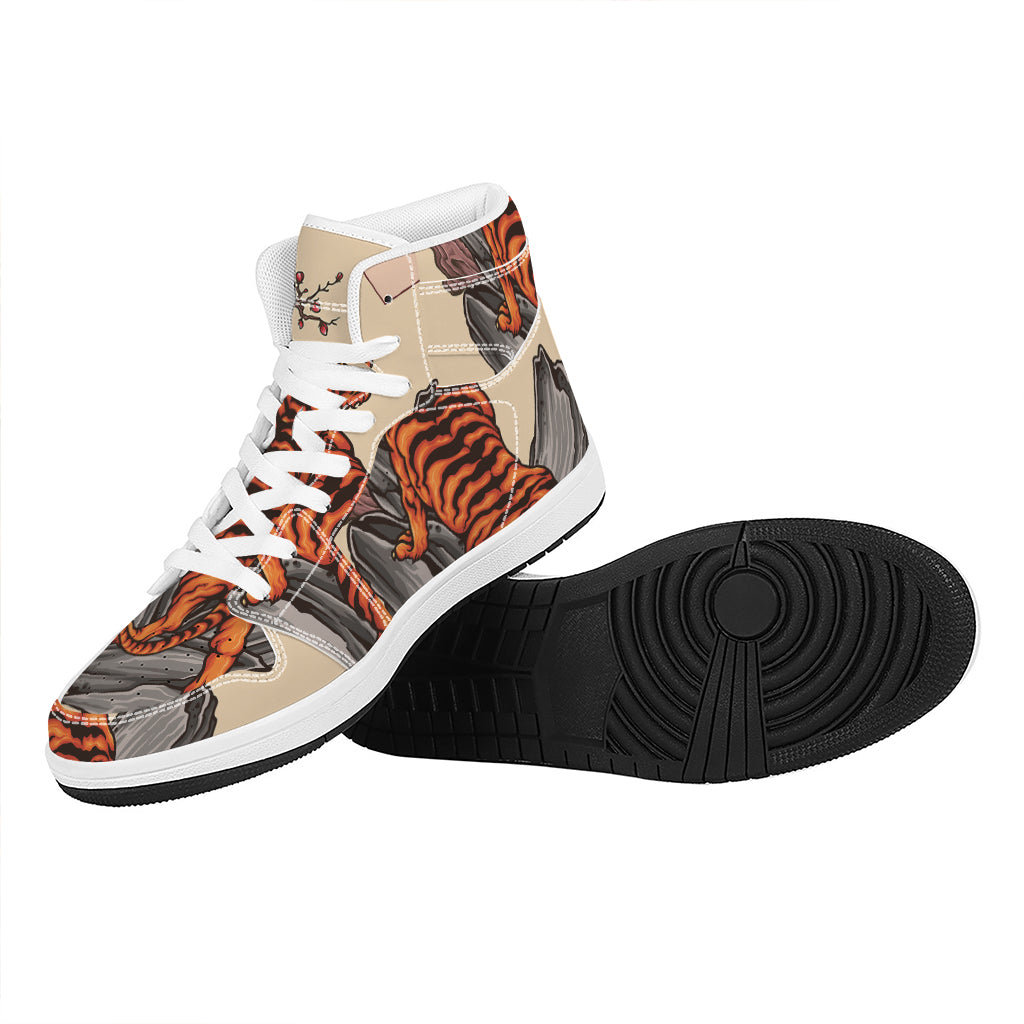 Japanese Tiger Tattoo Print High Top Leather Sneakers