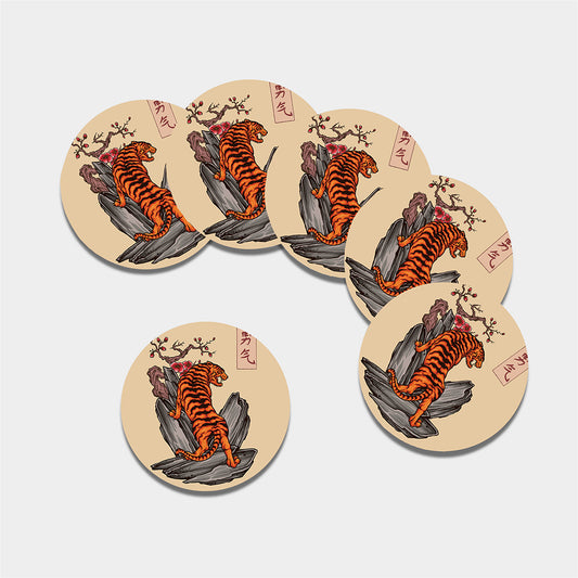 Japanese Tiger Tattoo Print Leather Coaster Set