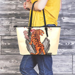 Japanese Tiger Tattoo Print Leather Tote Bag