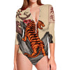 Japanese Tiger Tattoo Print Long Sleeve Swimsuit