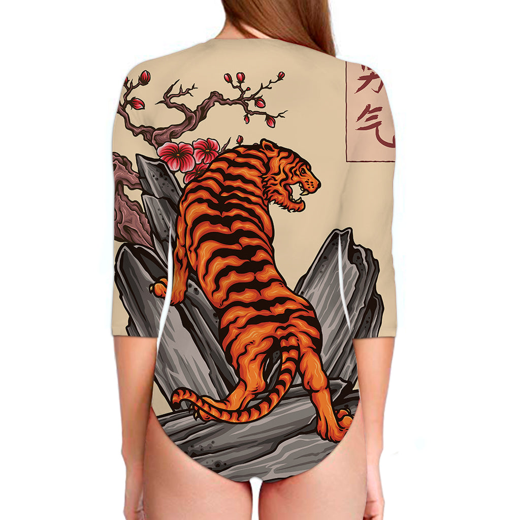 Japanese Tiger Tattoo Print Long Sleeve Swimsuit