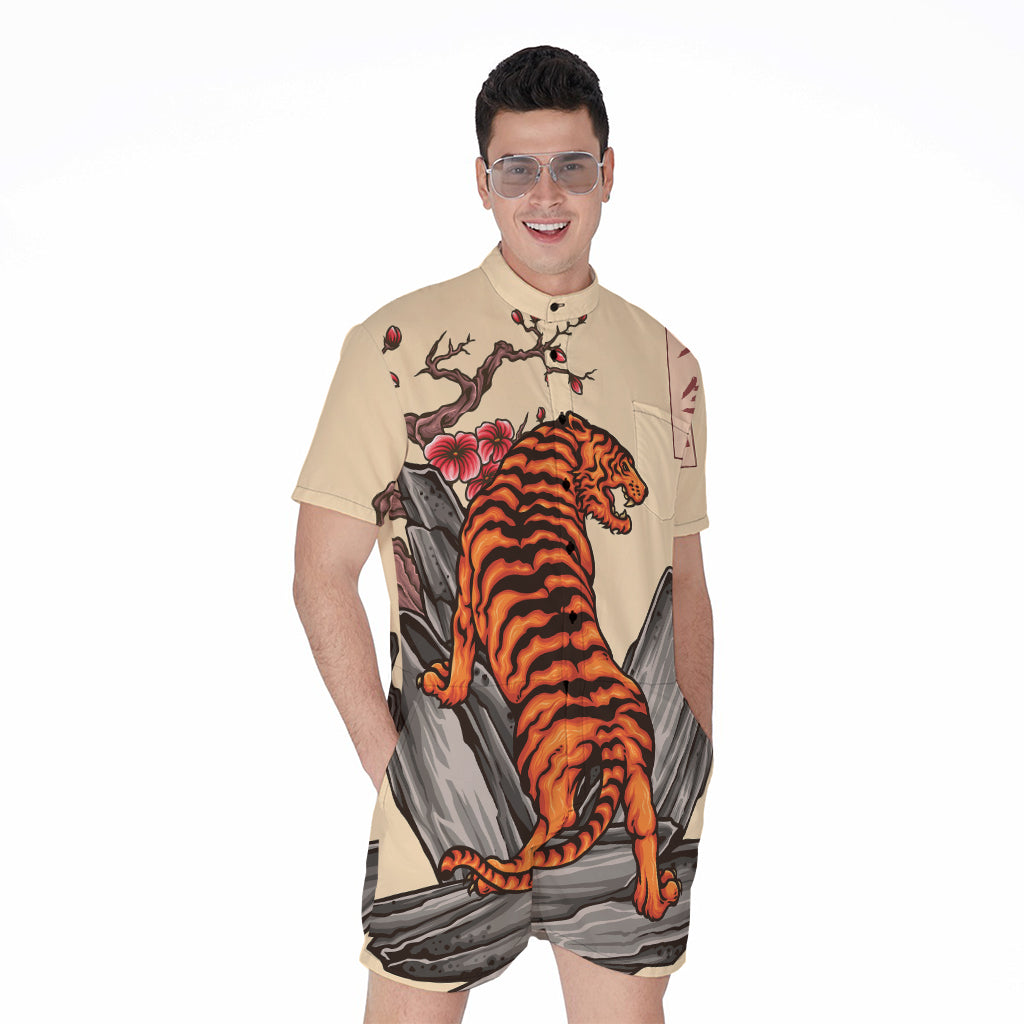 Japanese Tiger Tattoo Print Men's Rompers