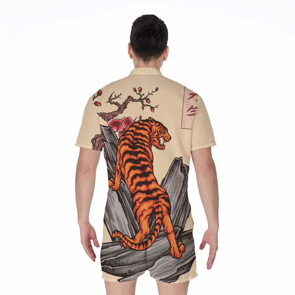 Japanese Tiger Tattoo Print Men's Rompers