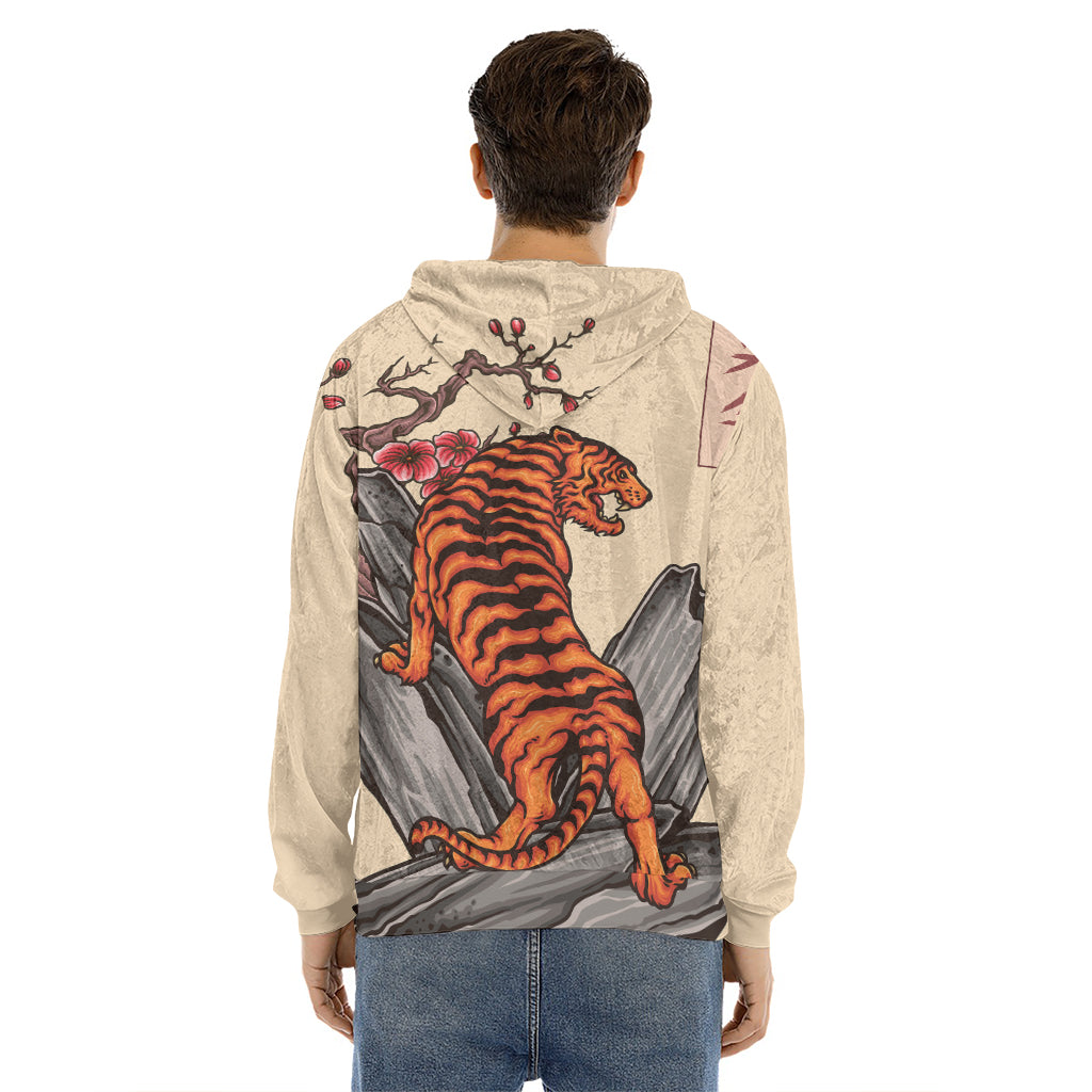 Japanese Tiger Tattoo Print Men's Velvet Pullover Hoodie