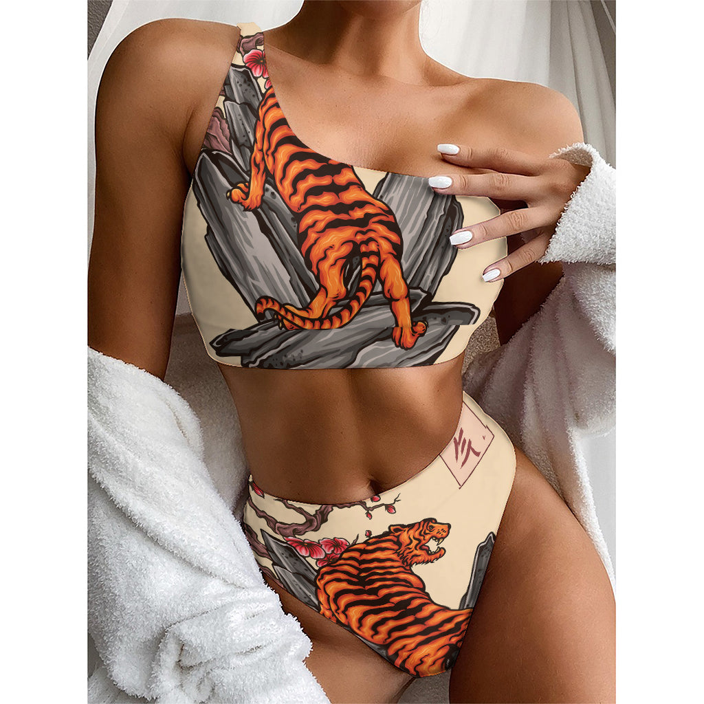 Japanese Tiger Tattoo Print One Shoulder Bikini Top