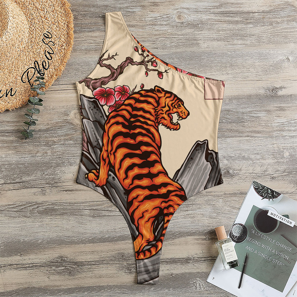 Japanese Tiger Tattoo Print One Shoulder Bodysuit