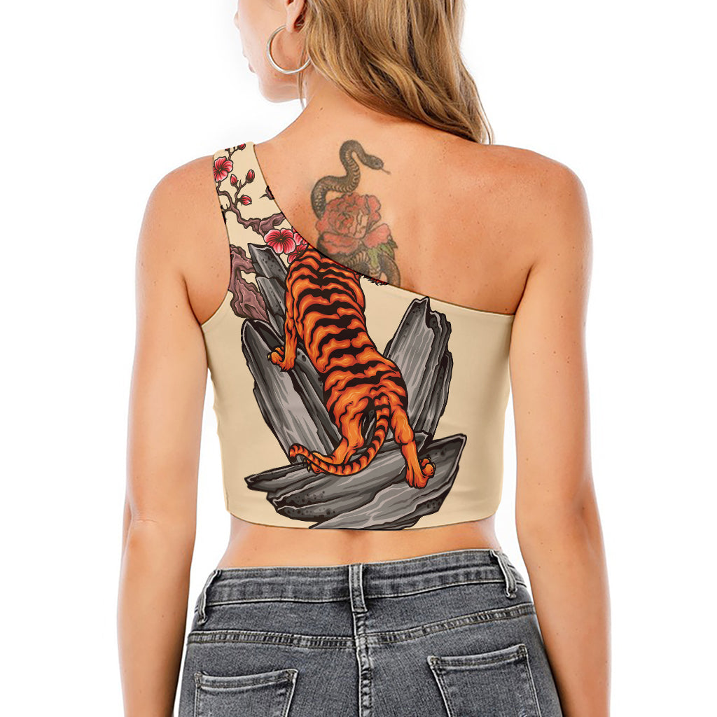 Japanese Tiger Tattoo Print One Shoulder Crop Top