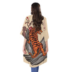 Japanese Tiger Tattoo Print Open Front Beach Cover Up