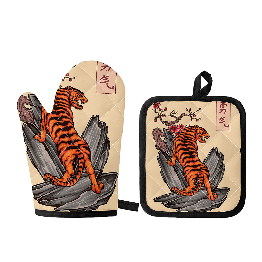 Japanese Tiger Tattoo Print Oven Mitt And Pot Holder Set