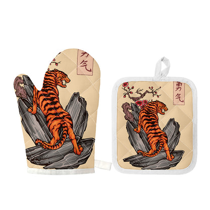 Japanese Tiger Tattoo Print Oven Mitt And Pot Holder Set