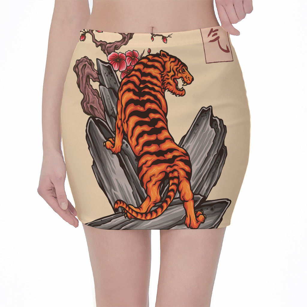 Japanese Tiger Tattoo Print Pencil Mini Skirt