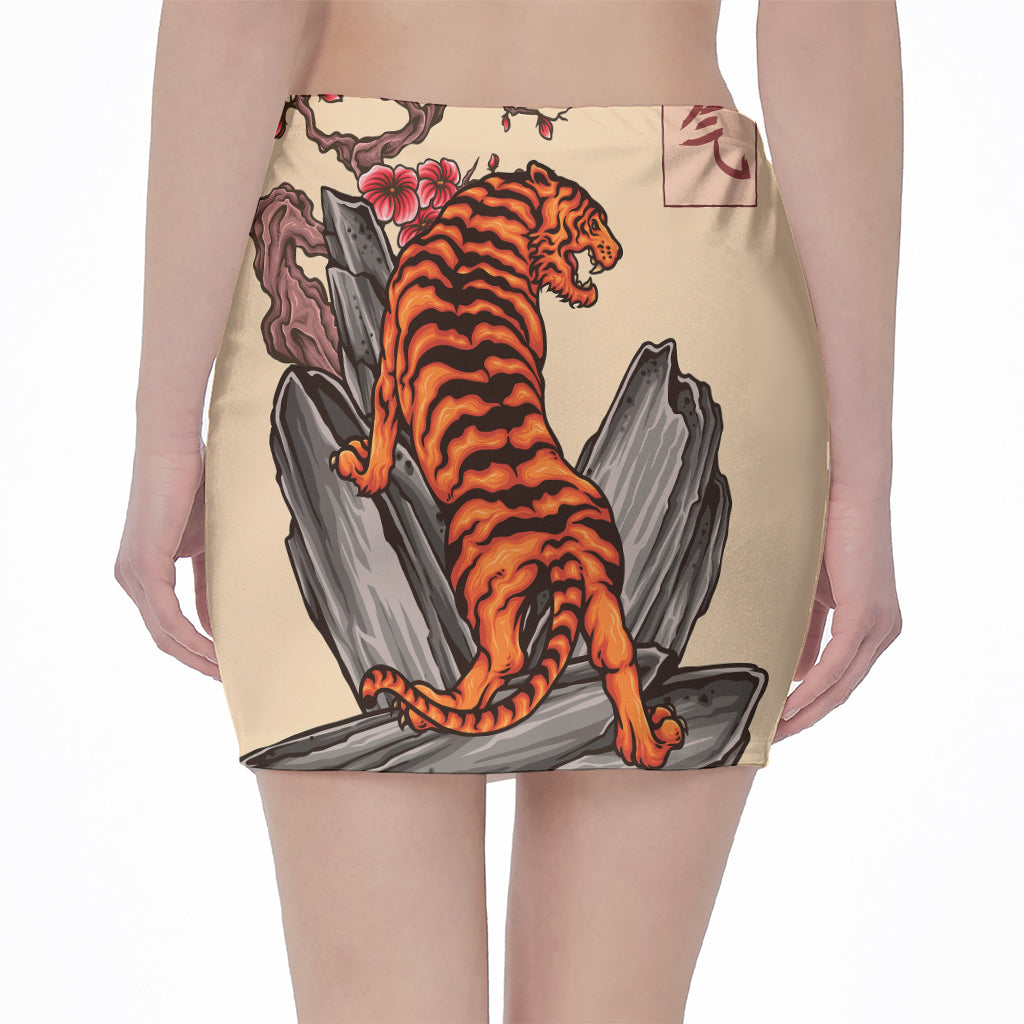 Japanese Tiger Tattoo Print Pencil Mini Skirt