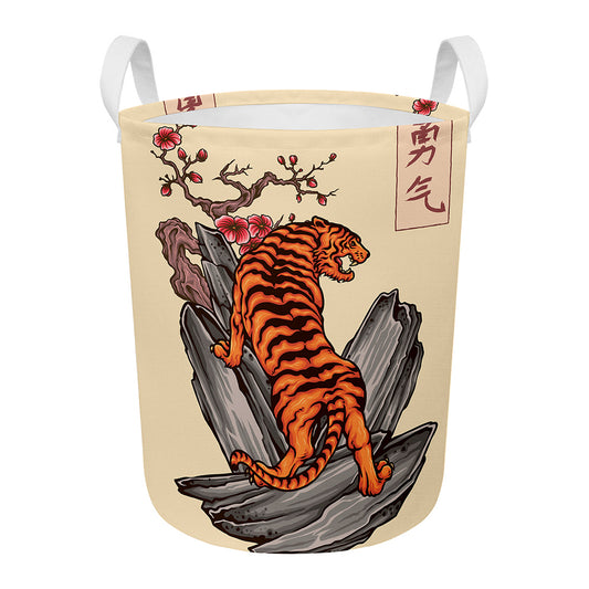 Japanese Tiger Tattoo Print Round Laundry Basket
