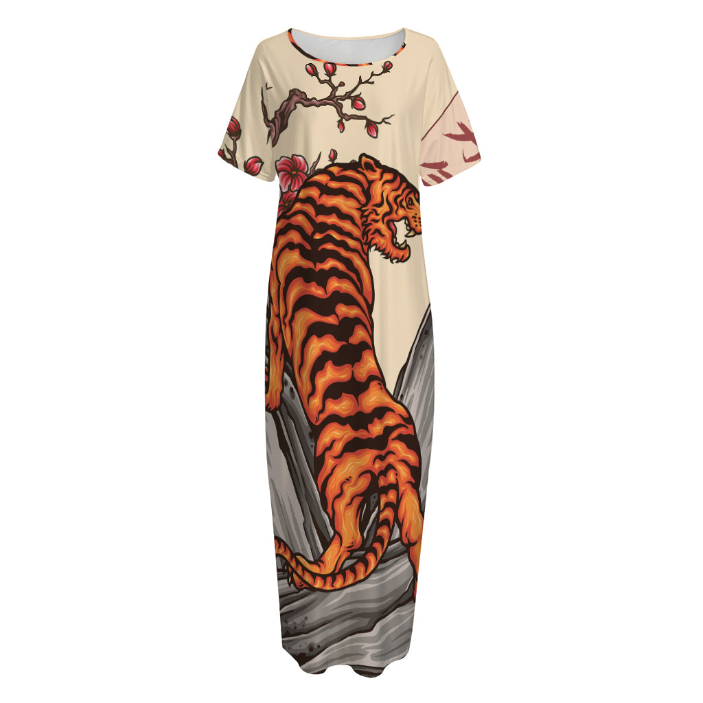 Japanese Tiger Tattoo Print Short Sleeve Long Nightdress