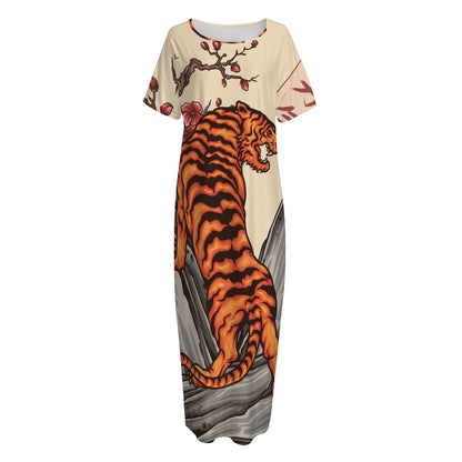 Japanese Tiger Tattoo Print Short Sleeve Long Nightdress