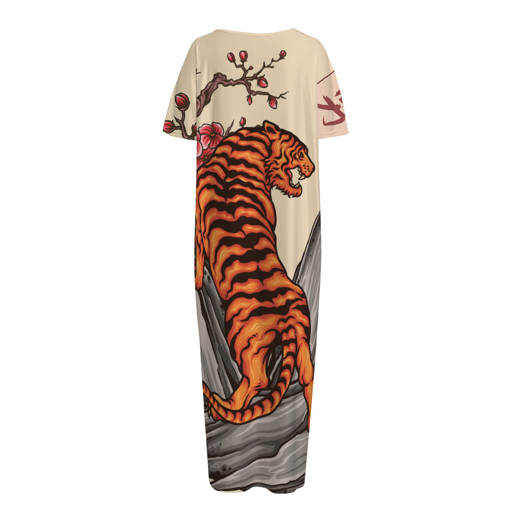 Japanese Tiger Tattoo Print Short Sleeve Long Nightdress