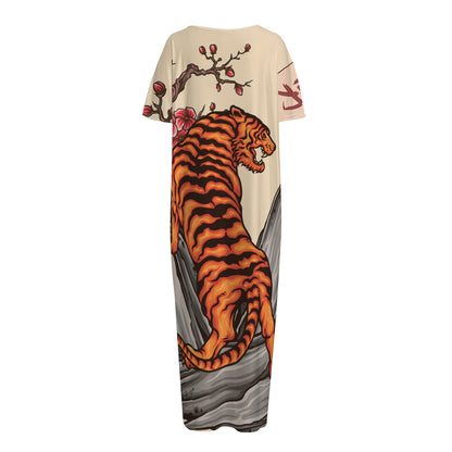 Japanese Tiger Tattoo Print Short Sleeve Long Nightdress