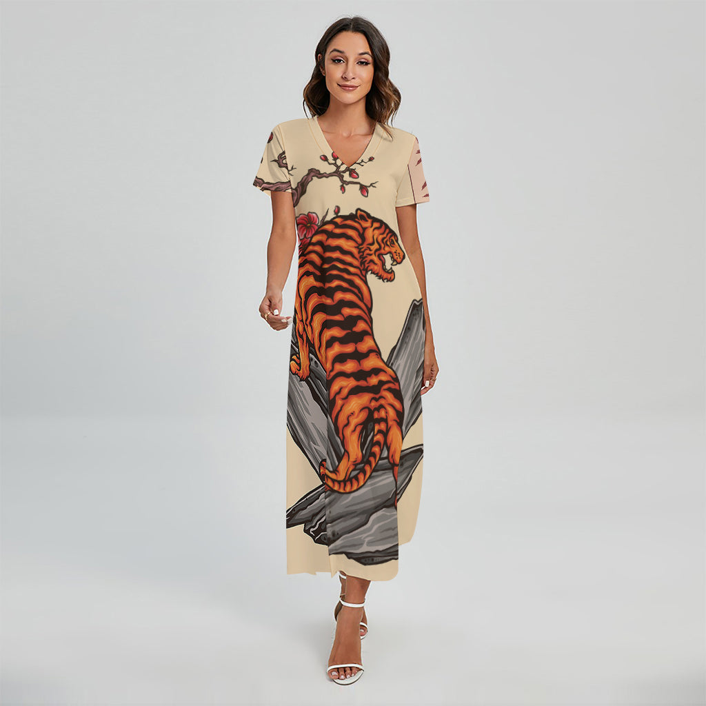 Japanese Tiger Tattoo Print Short Sleeve Maxi Dress