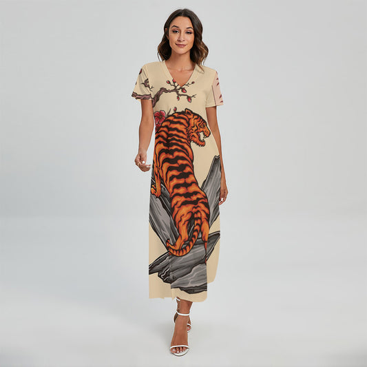 Japanese Tiger Tattoo Print Short Sleeve Maxi Dress