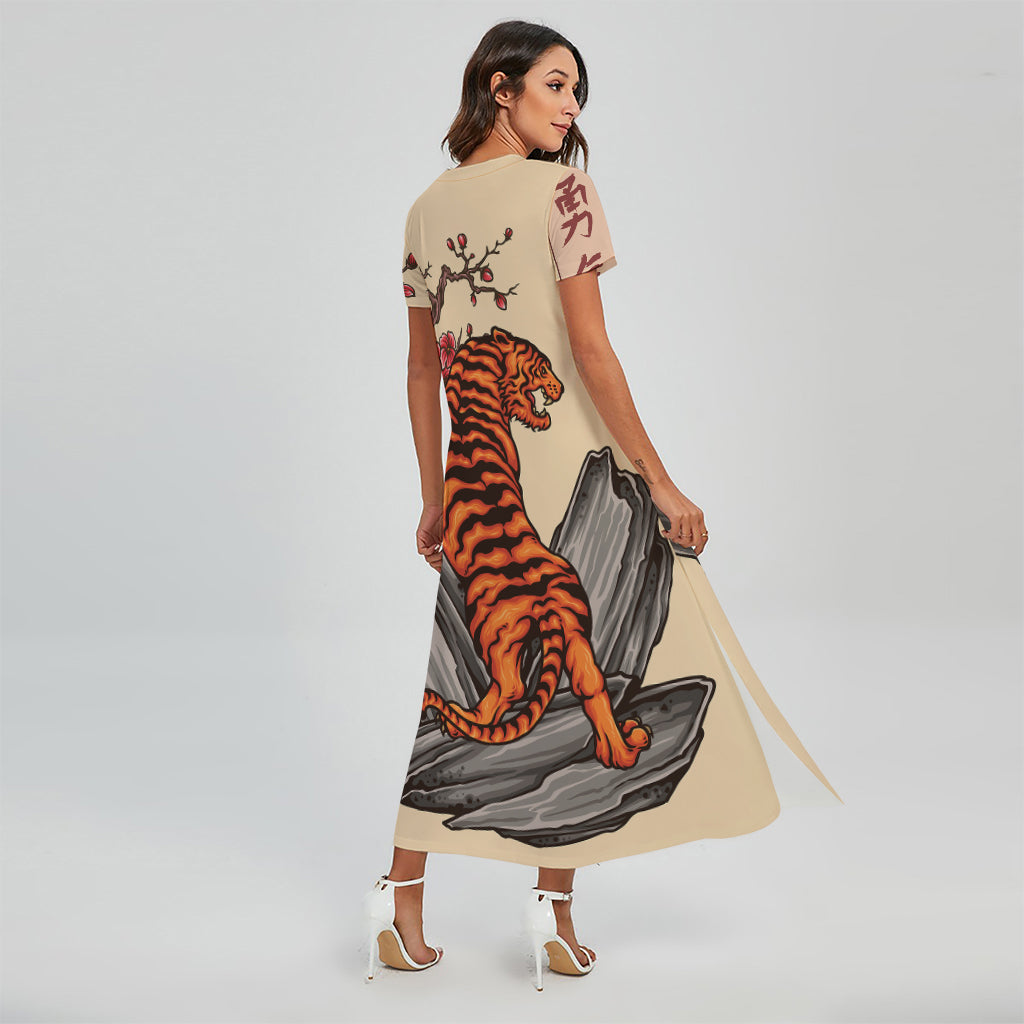 Japanese Tiger Tattoo Print Short Sleeve Maxi Dress