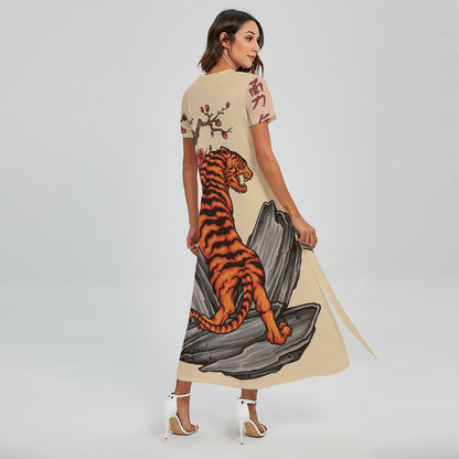 Japanese Tiger Tattoo Print Short Sleeve Maxi Dress