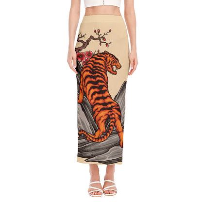 Japanese Tiger Tattoo Print Side Slit Maxi Skirt