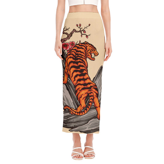 Japanese Tiger Tattoo Print Side Slit Maxi Skirt