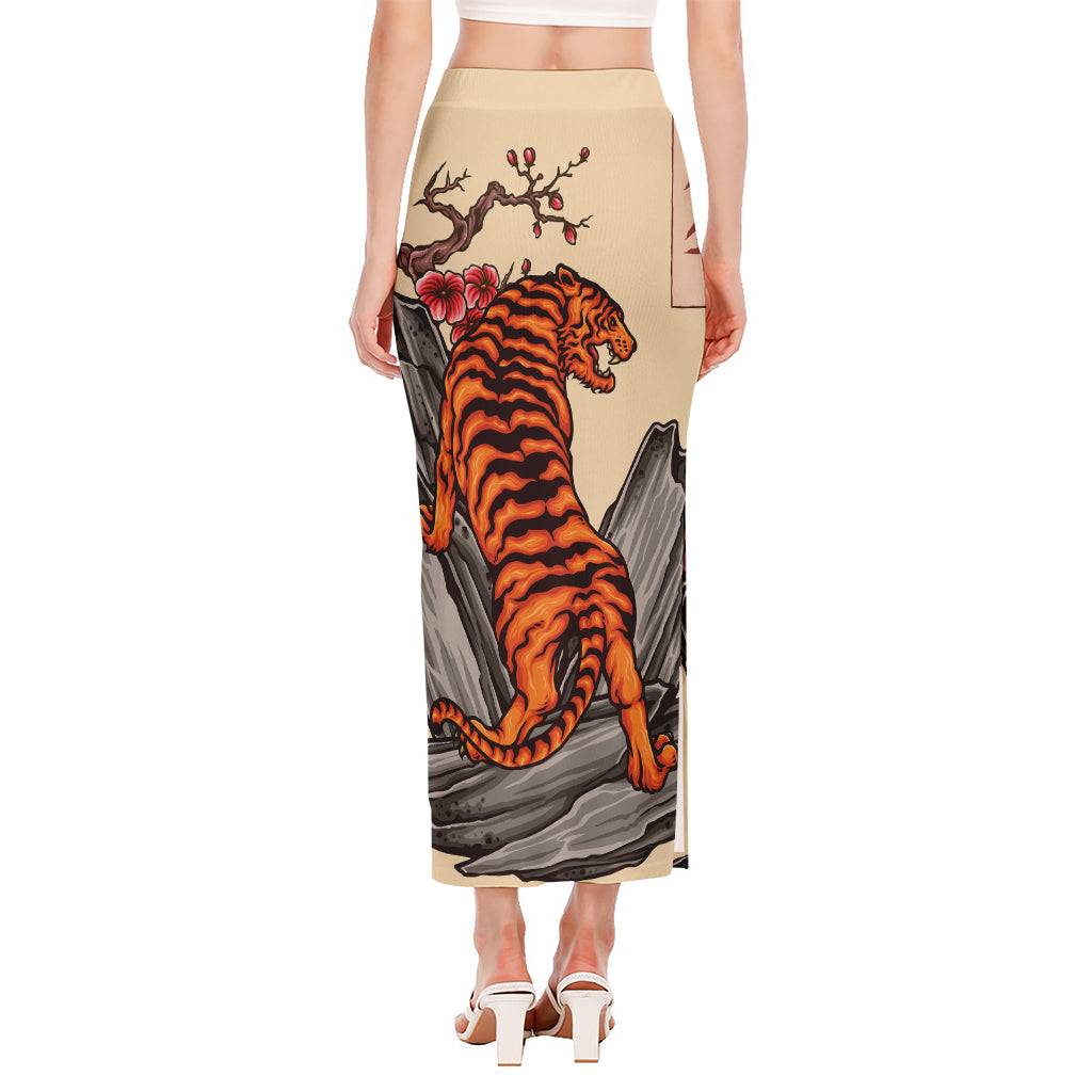 Japanese Tiger Tattoo Print Side Slit Maxi Skirt